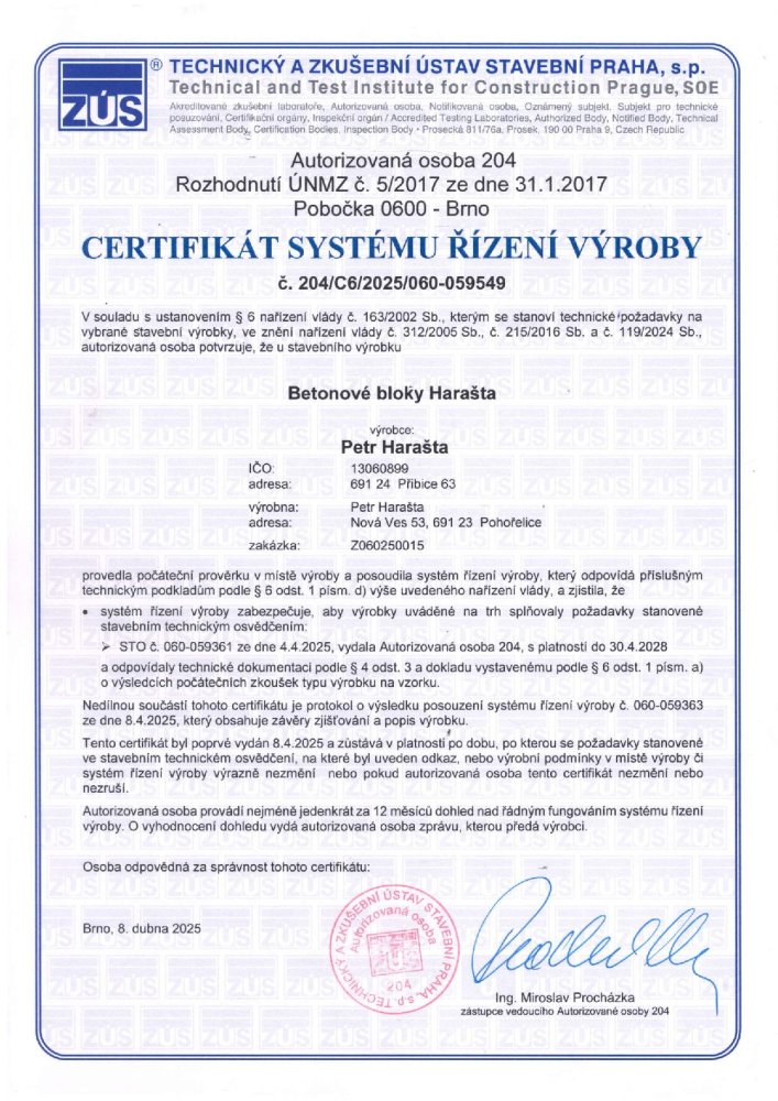 Certifikát betonove bloky