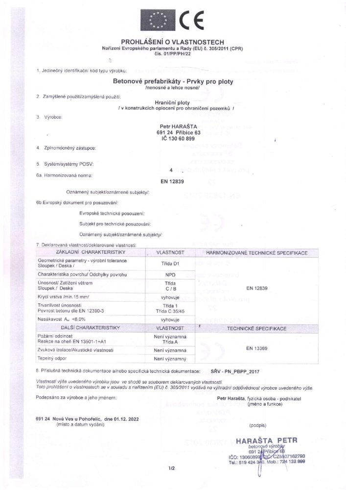 Certifikát betonové prefabrikáty - Prvky pro ploty