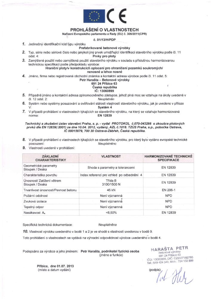 Certifikat sloupky a desky